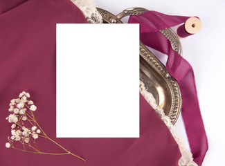 Burgundy wedding invitation mockup with silver tray