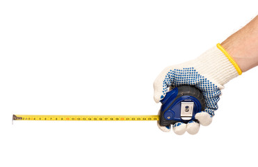 Male Hand wearing Working cotton Glove with Tape-measure. Human Hand holding Tape measure, Isolated on White Background. 