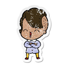 distressed sticker of a cartoon happy hipster girl