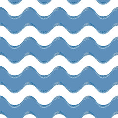 Watercolor seamless pattern with wavy white and blue lines imitating the surface of the sea. Illustration. Waiting for summer.