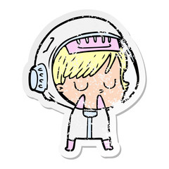 distressed sticker of a cartoon astronaut woman
