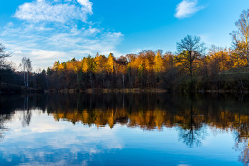 Fototapeta na wymiar Colorful autumnal trees at lakeshore reflecting in surface of lake water