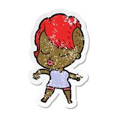 distressed sticker of a cartoon pretty hipster girl