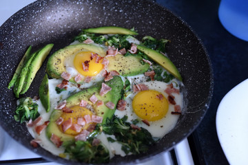 frying pan with avocado and eggs