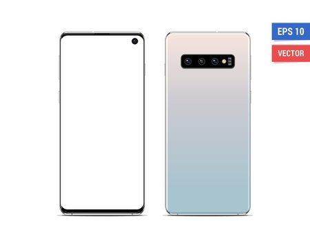 Realistic vector flat mock-up Samsung Galaxy S10 with blank screen isolated on white background. Scale image any resolution