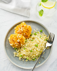 Carrot balls with bulgur and barley porridge. Vegetarian dish. Healthy food