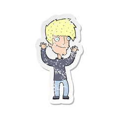retro distressed sticker of a cartoon man waving arms