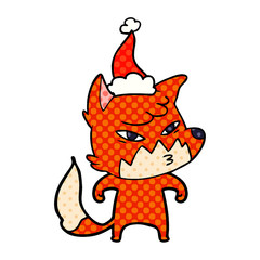 clever comic book style illustration of a fox wearing santa hat