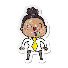 distressed sticker of a cartoon happy old woman