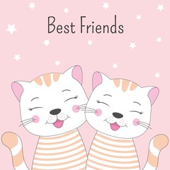 A beautiful two cartoon cute cats with lettering Best Friends.