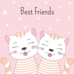 A beautiful two cartoon cute cats with lettering Best Friends.