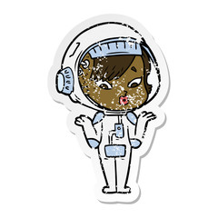 distressed sticker of a cartoon astronaut woman