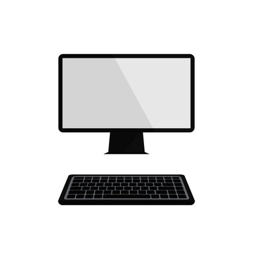 Flat design computer icon. Computer screen display with keyboard isolated on white background. Vector illustration.