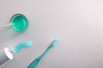 Concept equipment for oral cleaning on a white table top view