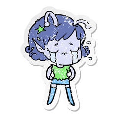 distressed sticker of a cartoon crying alien girl