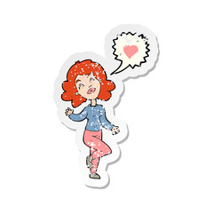 retro distressed sticker of a cartoon woman in love