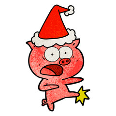 textured cartoon of a pig shouting and kicking wearing santa hat