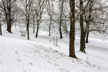 Helsinki, Finland. Roads covered in snow during wintertime in the island fortress of Suomenlinna