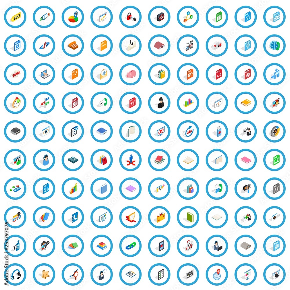 Poster 100 e-learning icons set in isometric 3d style for any design vector illustration