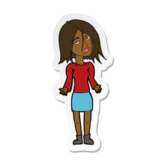 sticker of a cartoon woman shrugging shoulders