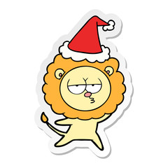 sticker cartoon of a bored lion wearing santa hat