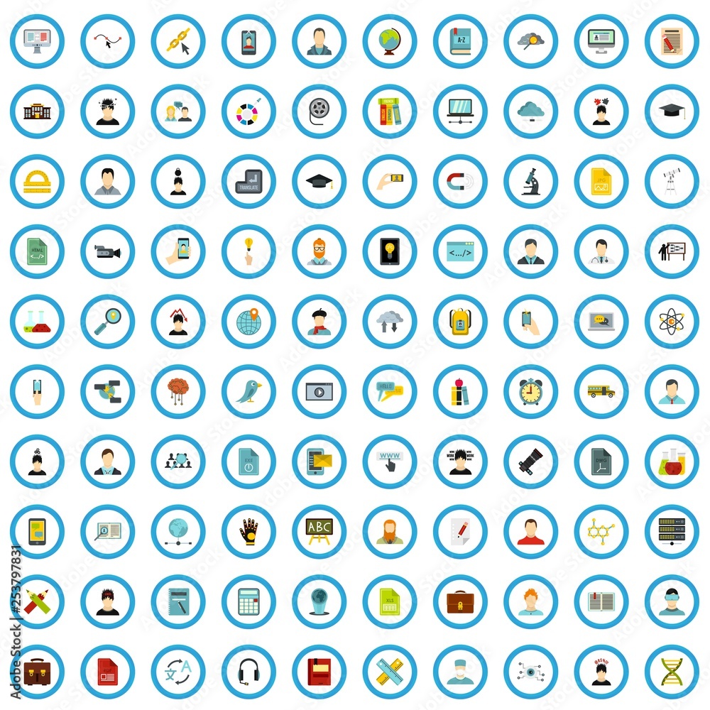 Poster 100 e-learning icons set in flat style for any design vector illustration