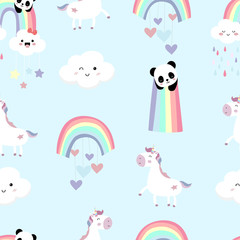 Colorful hand drawn seamless pattern with rainbow,heart,cloud,panda,unicorn and rain