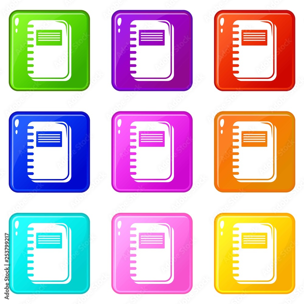 Poster notebook icons set 9 color collection isolated on white for any design