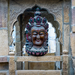 Close-up of wooden carving of a Jain God, Jaisalmer, Rajasthan, India