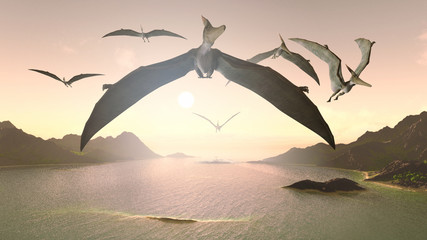 Pteranodons fly over the ocean bay © Valery