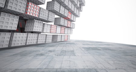 Abstract red and concrete parametric interior  with window. 3D illustration and rendering.