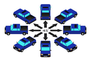 Rotation of the pickup truck by 45 degrees. Blue pickup in different angles in isometric.