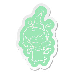 cute alien girl cartoon  sticker of a wearing santa hat