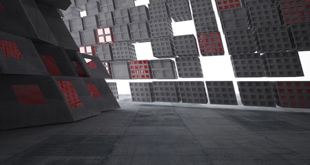 Abstract red and concrete parametric interior  with window. 3D illustration and rendering.