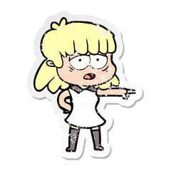 distressed sticker of a cartoon tired woman pointing