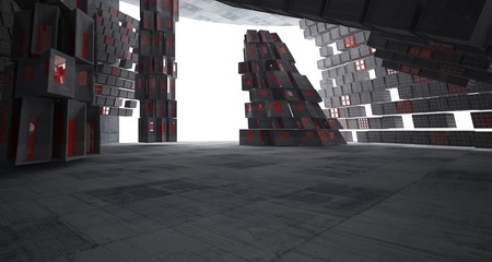 Fototapeta na wymiar Abstract red and concrete parametric interior with window. 3D illustration and rendering.