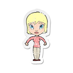 retro distressed sticker of a cartoon woman shrugging shoulders