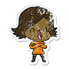 distressed sticker of a cartoon laughing woman