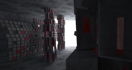 Naklejka na ściany i meble Abstract red and concrete parametric interior with window. 3D illustration and rendering.