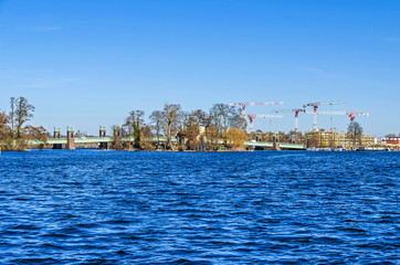 Maselake bay of the River Havel, Spandauer-See bridge and the Island of Love or Kleine Wall in Berlin