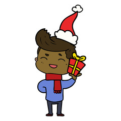 line drawing of a man laughing wearing santa hat