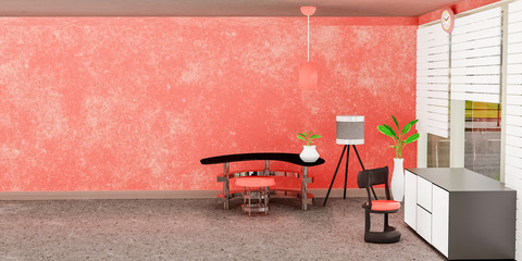 Modern interior of living room with white cabinet front of orange wall and a Lamp, living coral, scandinavian style, 3D rendering.