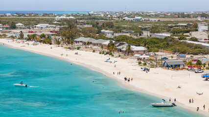 Aerial view of the beach at the cruise center of Grand Turk in the Caribbean with a view over...