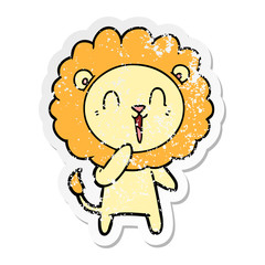 distressed sticker of a laughing lion cartoon