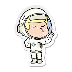 distressed sticker of a cartoon confident astronaut