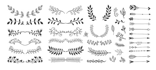set of hand drawing page dividers borders and arrow, doodle floral design elements