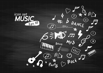 Hand drawn music doodle icons set. Vector illustration.