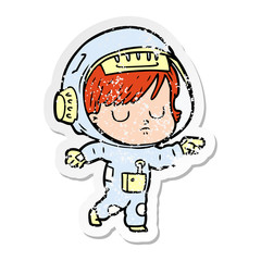 distressed sticker of a cartoon astronaut woman