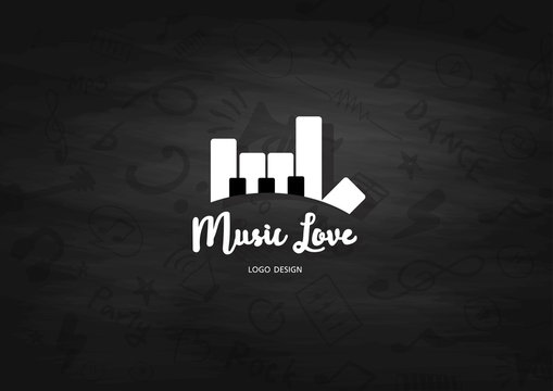 piano and hand love symbol. Love music logo template design. Vector illustration.