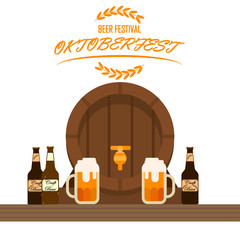 Oktoberfest banner. Glass mug, bottle of beer, wooden barrel German festival. Holiday party poster. Vector flat design